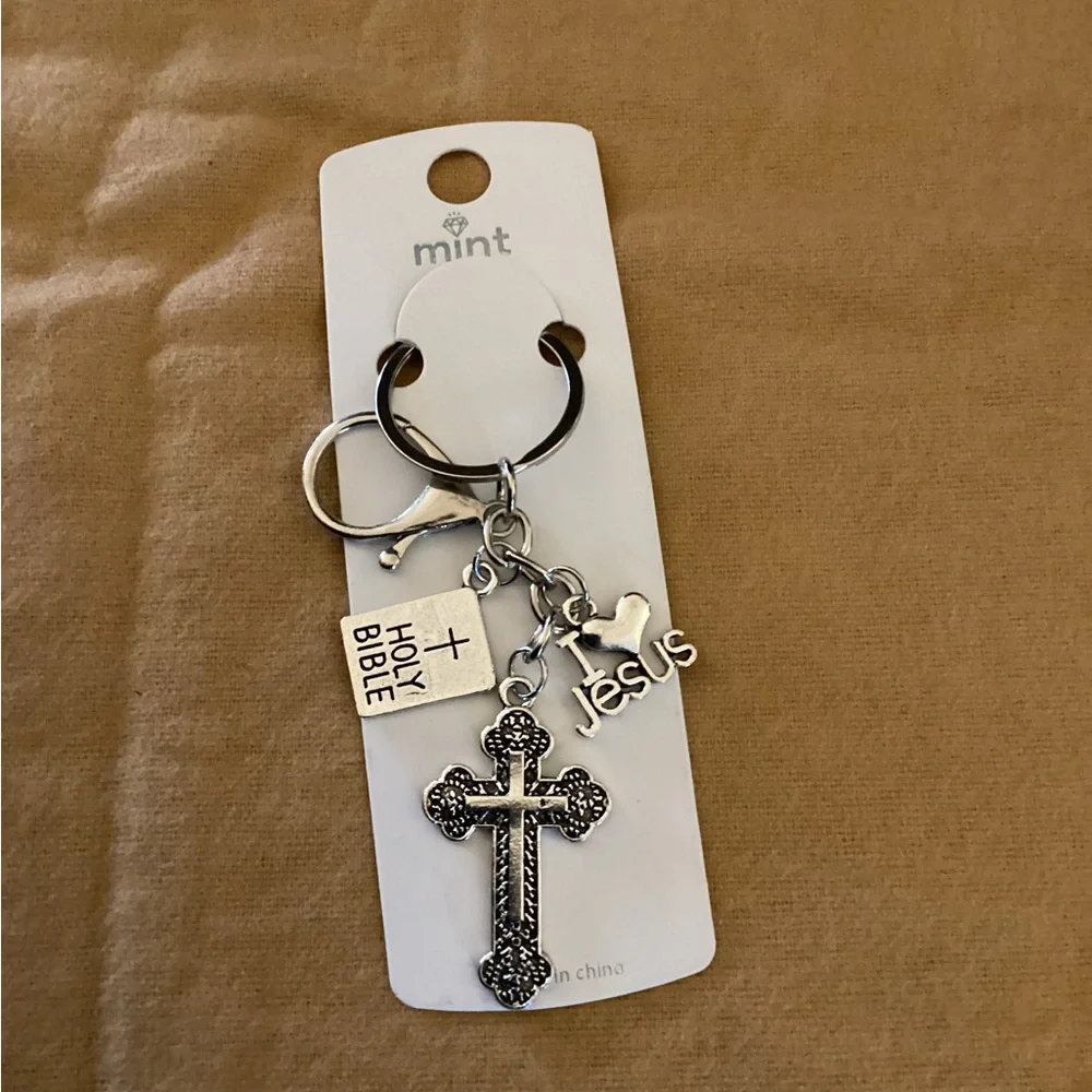 Silver Religious Keychain with Cross and Charms